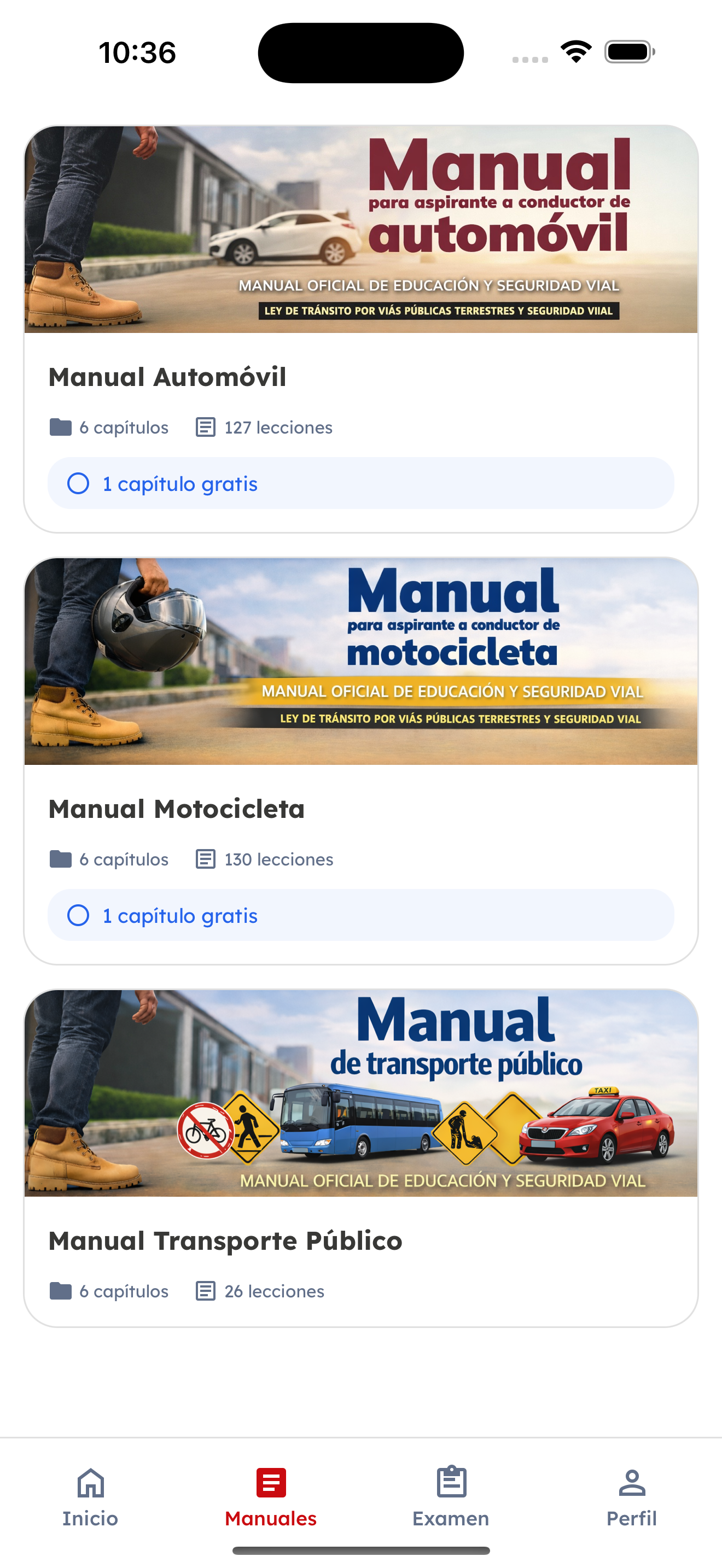 Lista de manuales disponibles: Automóvil, Motocicleta y Transporte Público